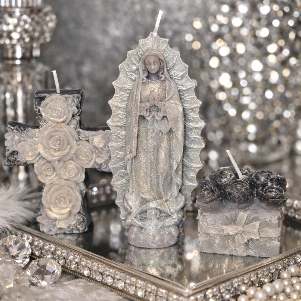 Handmade Beeswax Candle Set – Virgin Mary, Cross & Rose Boquet (Shimmer Finish)
